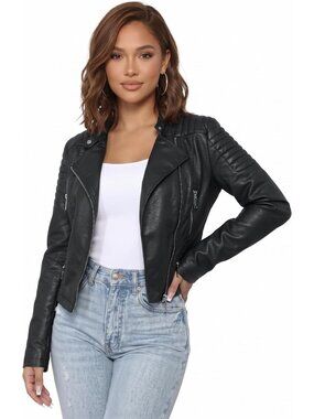 Women's Black-1 Faux Leather Zip-Up Closure Long Sleeve Slim Fit Casual Jacket